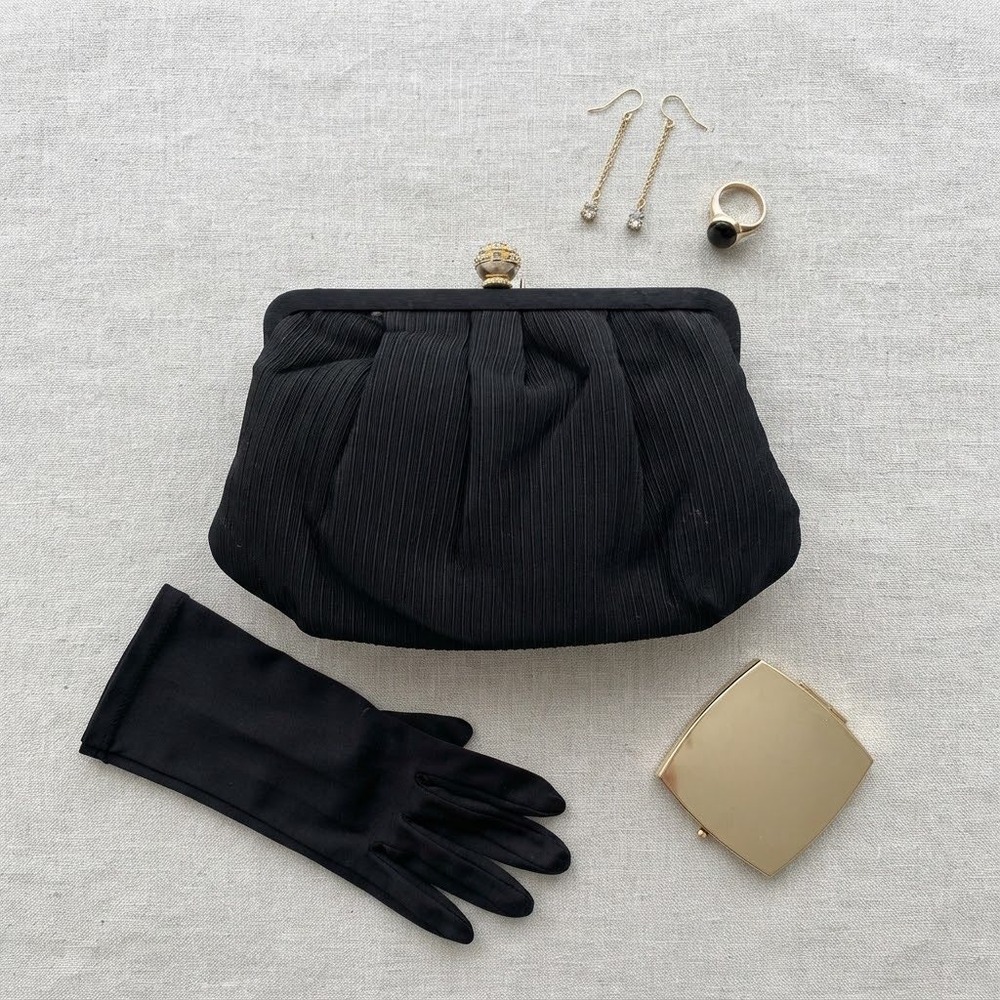 Neiman Marcus Clutch Bag Womens Small Black Pleated Rhinestone Vintage Glamour
